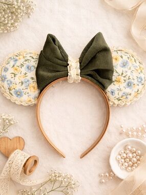 Floral Minnie Ears Sage Forrest Green Bow Cottagecore Flowers Disney Headband